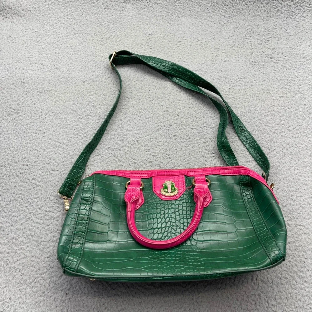 Alpha Kappa Alpha Sorority AKA Pink Green Croc Embossed Satchel Crossbody Bag